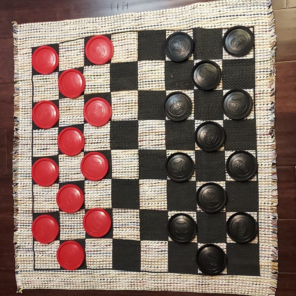 1999 Giant Woven Fabric Rug Checkerboard Game w/ 3-Inch Black & Red Pieces